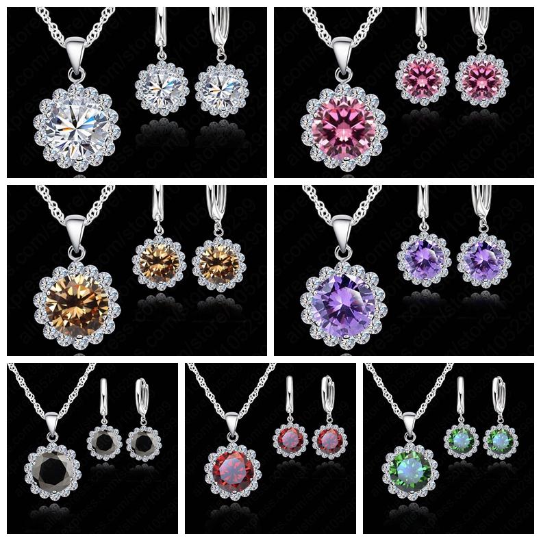 Wedding 925 Sterling Silver Jewelry Sets Women Round Crystal Pendant Necklace Earring Set Price 7 Color Be Chose