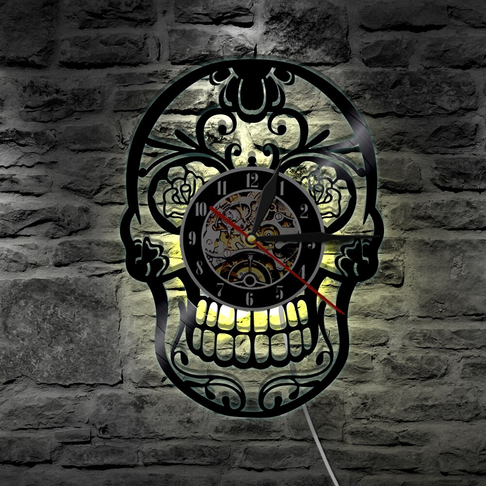 1Piece The Day of Dead l Wall Clock With Led Lighting Gothic Sugar Skull Clock Home Decor reloj digital pared Clock kitchen