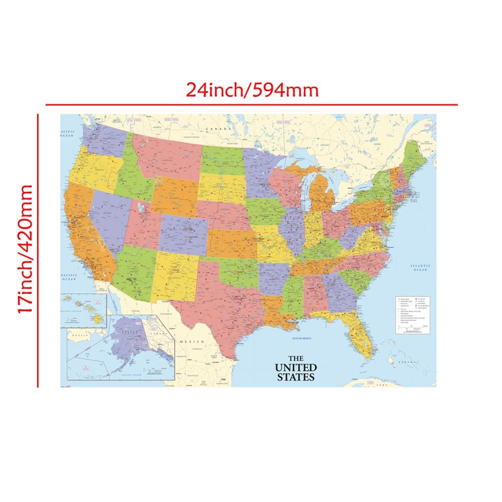A2 rozmiar grzywny płótnie drukowane Unframed mapa stanów zjednoczonych rolki pakowane dekoracje ścienne ameryka mapa na dekoracje robić domowego biura