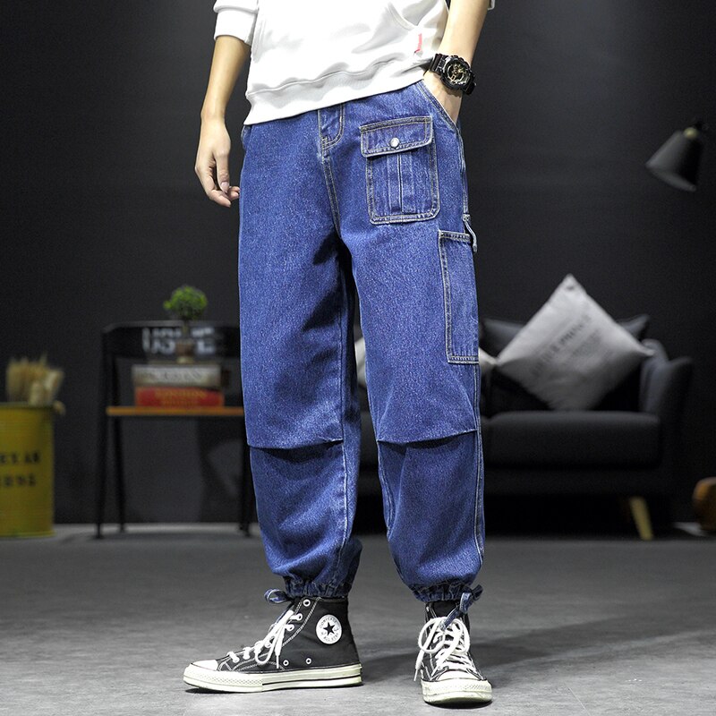 Pantalones vaqueros con cordón para hombre, vaqueros de motorista con bolsillos multifuncionales, Vaqueros informales azules de talla grande M-5XL, primavera