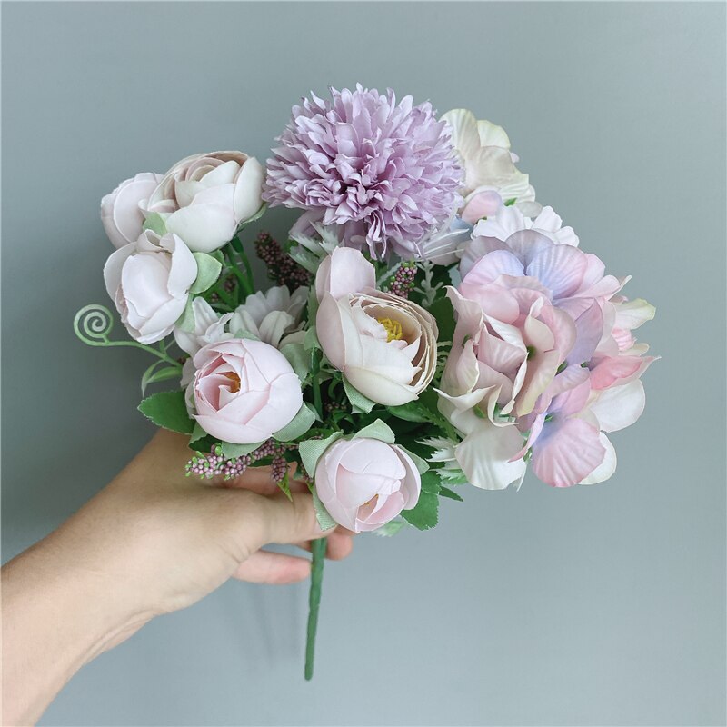 Dahlia buket med grønne blade og roser silke kunstige blomster til hjemmet bryllupsfest dekoration flores artificiais