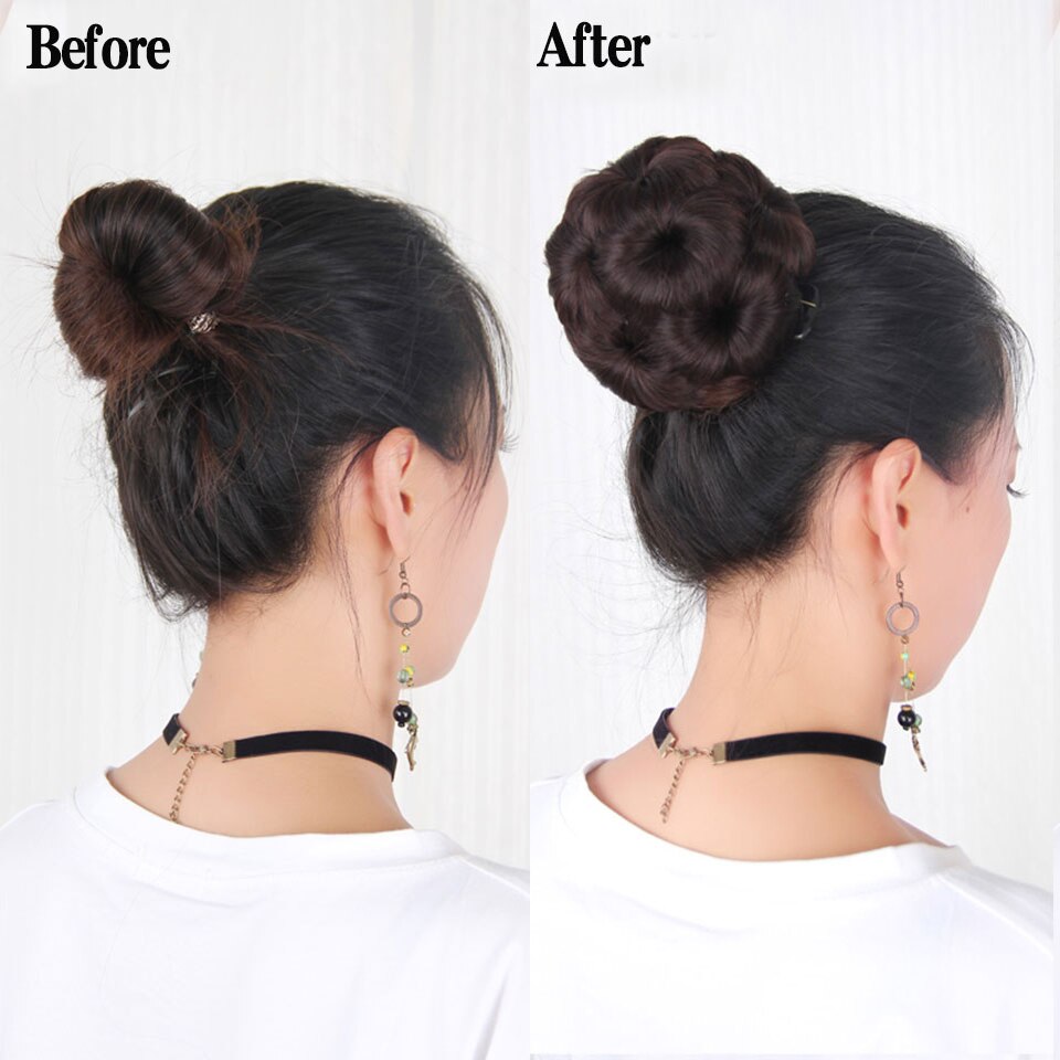 Women Chignon Hair Bun Donut Clip In Hairpiece Extensions 9 Flowers Roller Synthetic High Temperature Fiber Chignon AOSIWIG