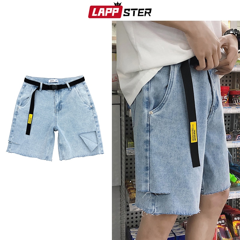Lappster sommar herr gratis bälte hål jeans shorts herr streetwear hip hop jeansshorts fritidsmode harajuku joggingbyxor