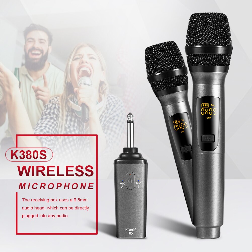 2 pacchetto K380S microfono senza fili microfono video Mic UHF microfono senza fili portatile Mic 2 Mic e 1 ricevitore per famiglia KTV