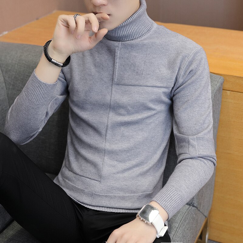 Tröja med turtleneck botten för män enfärgad business casual stickad tröja snygg slimmad lätt match tröja herr cool: Grå / Xxl