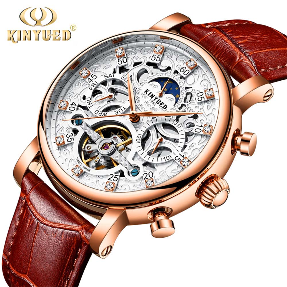 Kinyued Automatische Horloge Mannen Diamond Dial Waterdichte Skeleton Tourbillon Mechanische Heren Horloges Top Brand Luxe Horloges