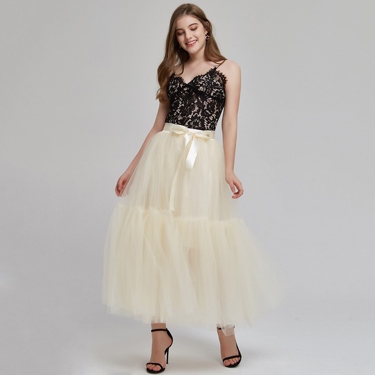 Underkjol tutu l tyll kjol vintage midi veckade kjolar lolita brudtärna bröllop faldas mujer saias jupe: Beige