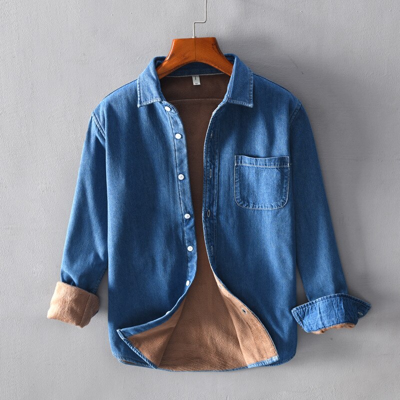 Men Winter Thick Slim Fleece Warm Slim Long sleeve Casual denim shirt male Velvet Jeans Shirts camisa masculina 3XL: dark blue / XL