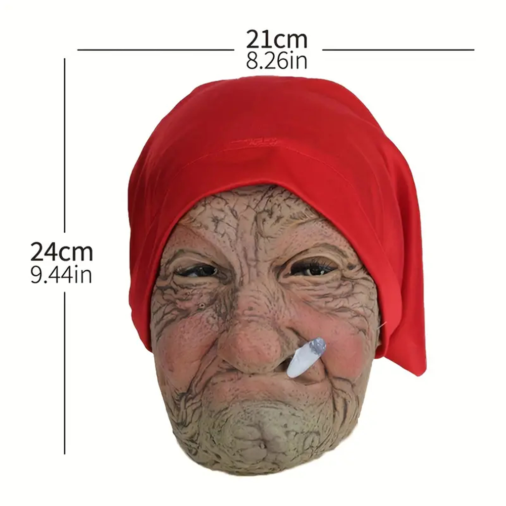 Lustige rauchende Oma alte Nana-Latexmaske Lady Grandma mit faltigem Gesicht und roten Schalmasken Halloween-Party-Kostüm-Requisiten