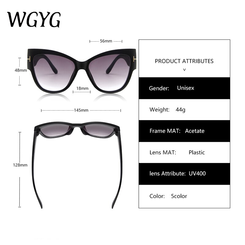 Wgyg Vrouwen Grote Zonnebril Gradiënt Zonnebril Tom Brand Cat Eye Lady Zonnebril Vrouwelijke Zonnebril