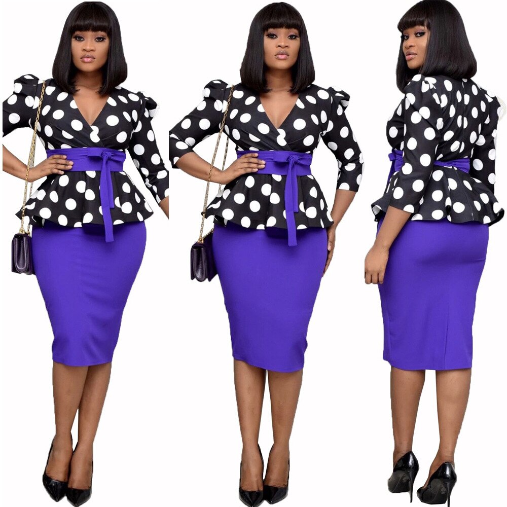 Dot Print African Dresses For Women Africa Office Dress African Clothes Ladies Clothing Robe Africaine Femme And Belt