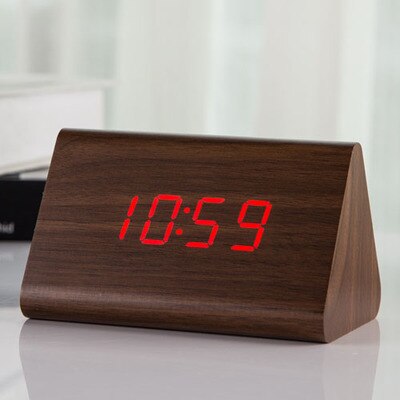 Jinsun Wekker Moderne Houten Thermometer Desk Klokken Led Digitale Klok Geluid Controle Mini Led Tafel Klok: brown-red