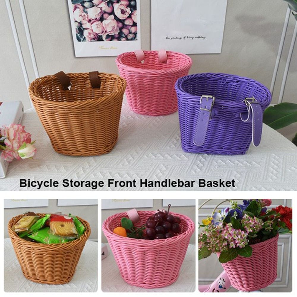 Cesta de bicicleta de mimbre de para niños con cinturón, bolsa de almacenamiento de bicicleta de 10 estilos, cesta para manillar delantero, accesorios para bicicleta
