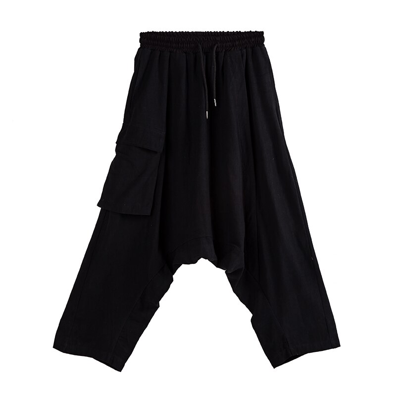 Homme Streetwear Hip Hop Punk gothique Kimono pantalon hommes été coton lin lâche décontracté noir bas entrejambe Harem Cross pantalon
