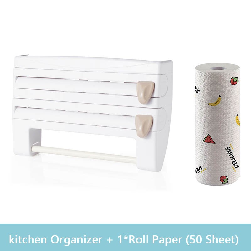 Organizer for Kitchen 4 in1 Wall-Mount Paper Towel Holder Sauce Bottle Storage Film Cutter Tin Foil Rack Kitchen Organization: White-Roll paper