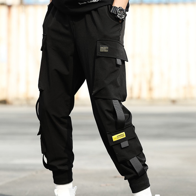 Pantalones Cargo de harén con bolsillos laterales para hombre, pantalón negro estilo Hip Hop, informal, a la , de calle,