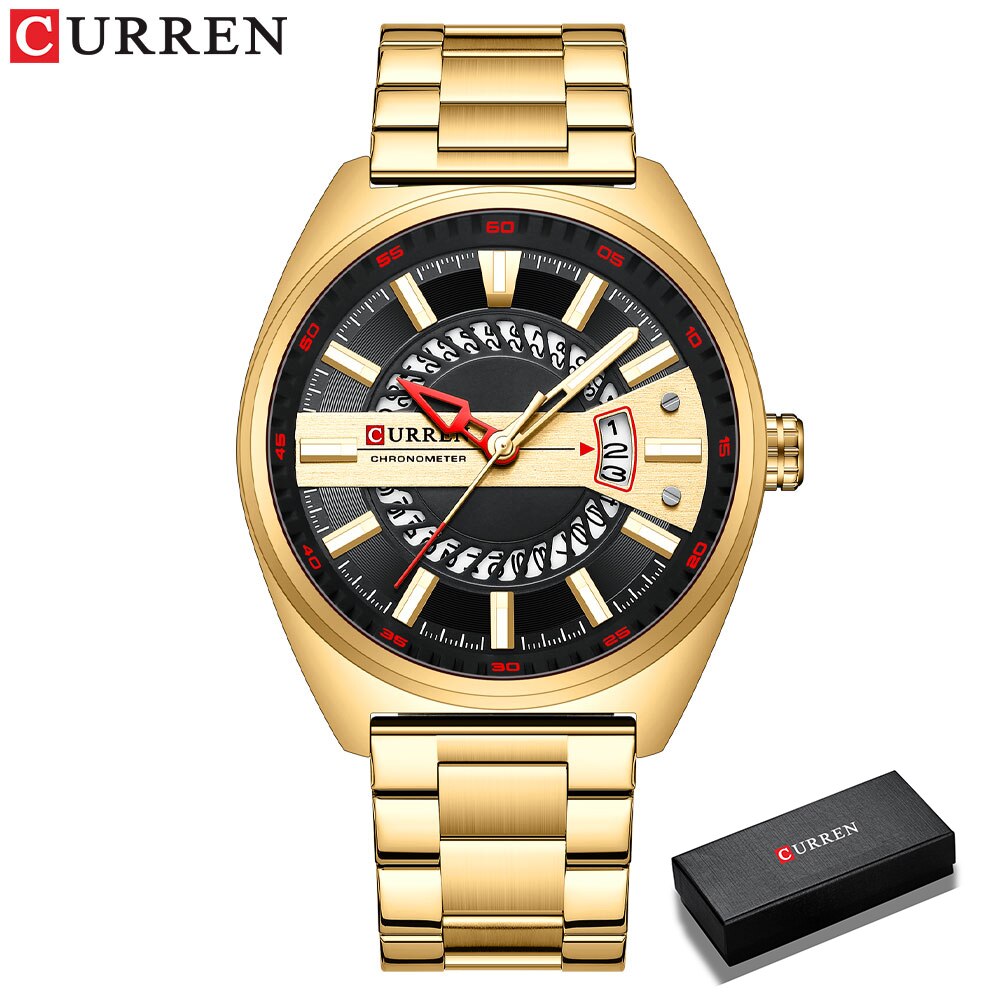 Curren Casual Sport Chronograph Horloges Roestvrij Stalen Band Horloge Grote Wijzerplaat Quartz Klok Met Lichtgevende Pointers: gold-box