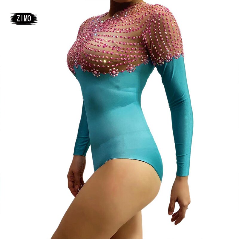 Body con perlas y diamantes de imitación para mujer, ropa de gimnasia rítmica para adultos, baile Dj sexi de animadora para actuación, mallas para escenario