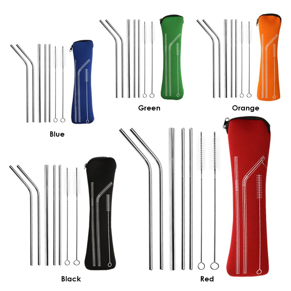Reusable 304 Stainless Steel Sturdy Bent Straight Metal Drinking Straws with Cleaning Brush Portable Bar Party Accessory Healthy