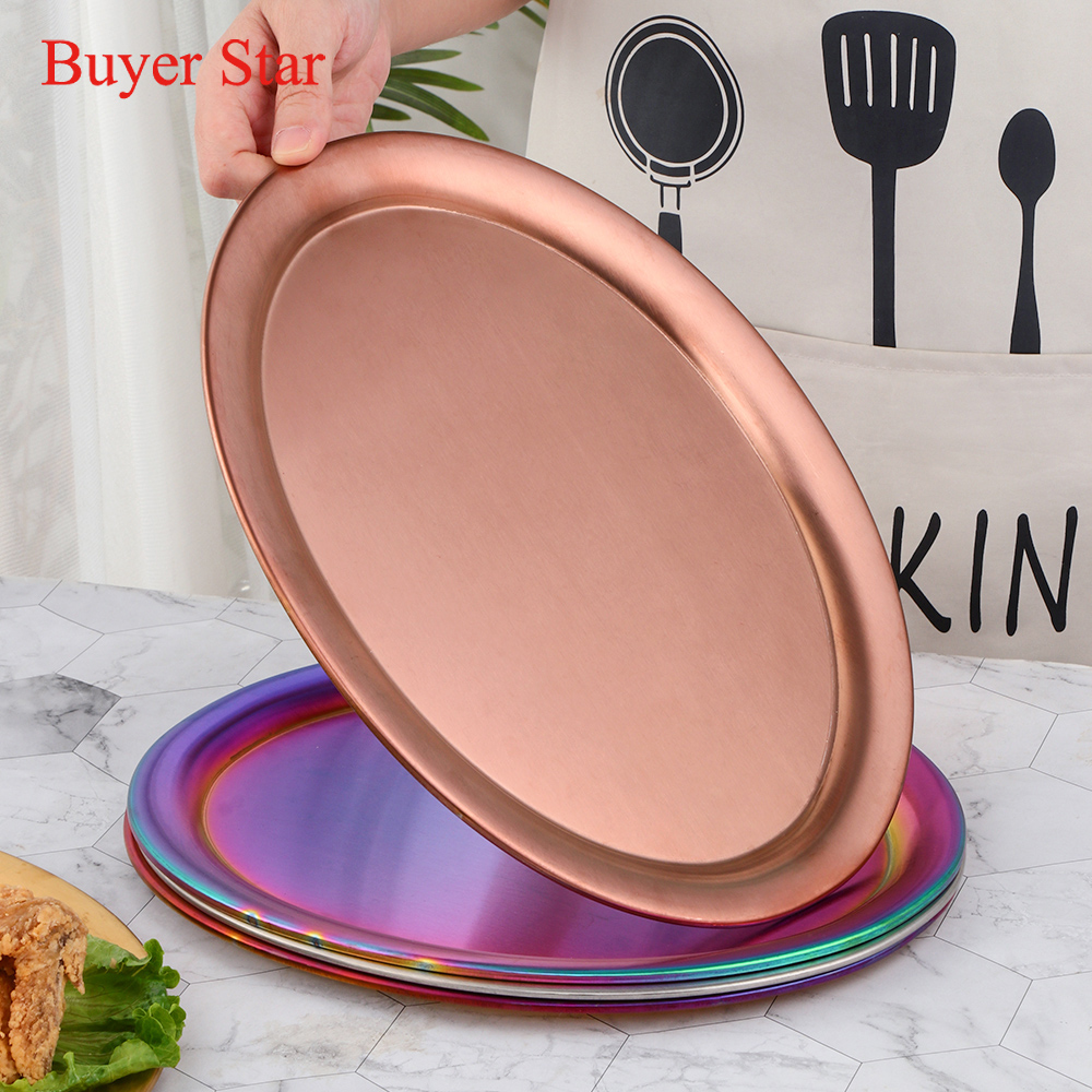 Golden Rvs Opslag Lade Metalen Ovale Diner Plaat Cake Display Keuken Huishoudelijke Fruit Salade Borden Westerse Steak Lade