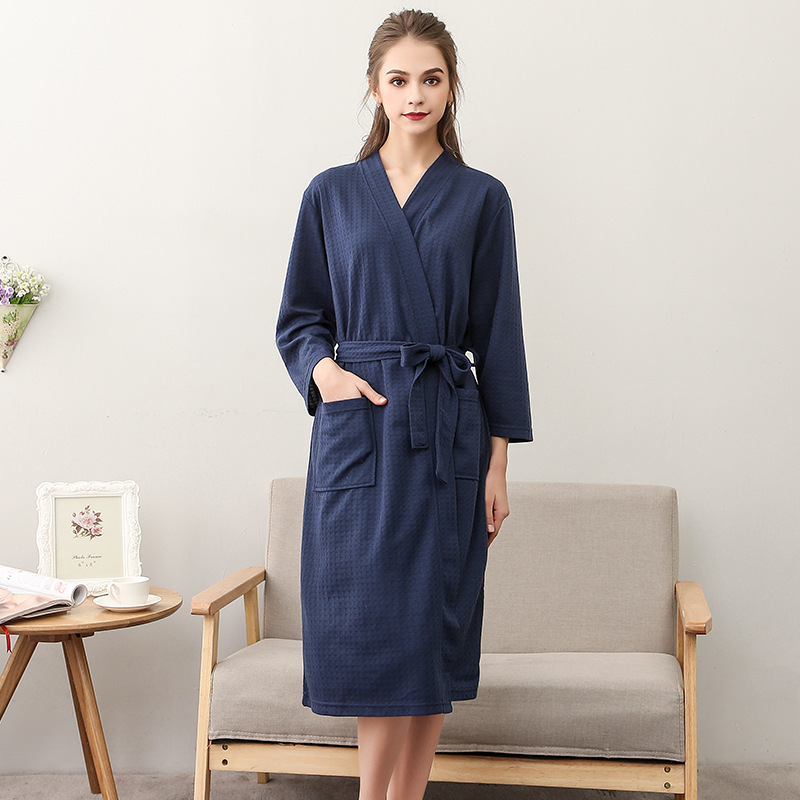 Spring And Summer Bathrobe Female Thin Section Waffle Couple Robe Men And Women Summer Korean Bathrobe Pajamas Homewear: M / SKY BLUE