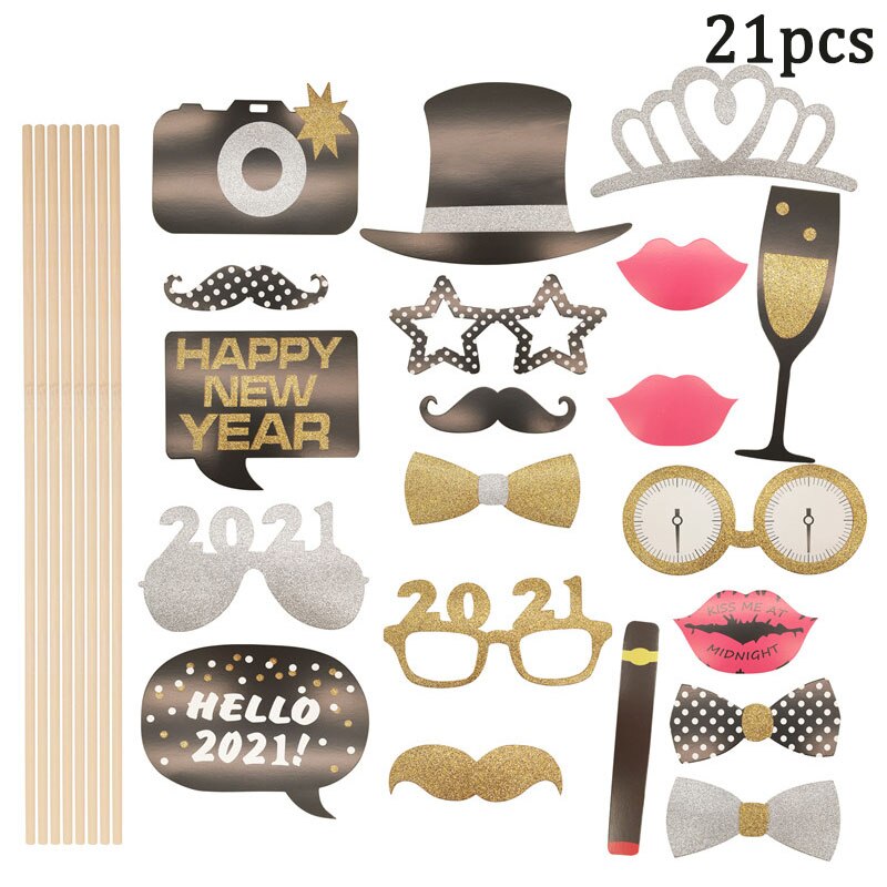 Happy Year Photo Booth Props Christmas Eve Party Decoration DIY Paper Cards Photography Decor Year Party Supplies: 21Pcs