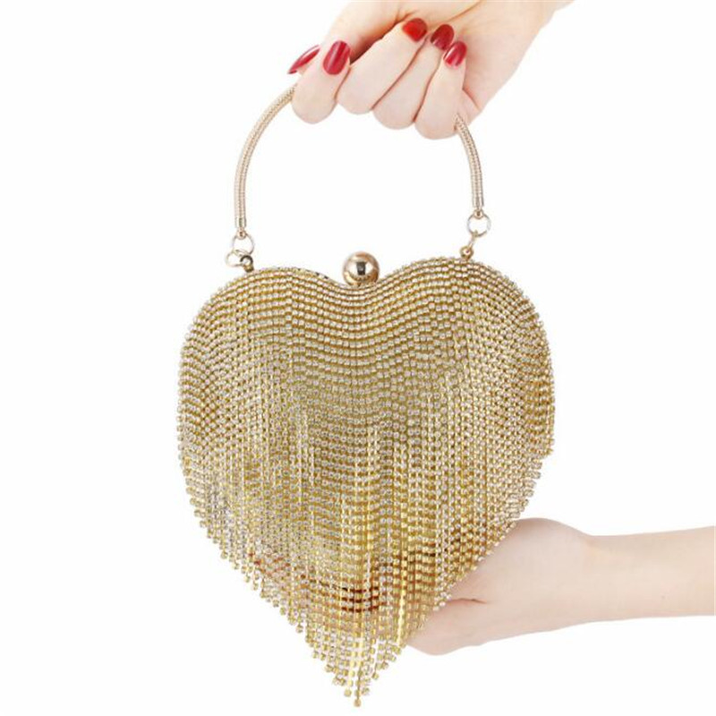 Vrouwen Diamanten Bruiloft Clutch Bags Kwastje Banket Portefeuilles Voor Dames Heart Shaped Party Schoudertassen Met Ketting MN1586: Goud