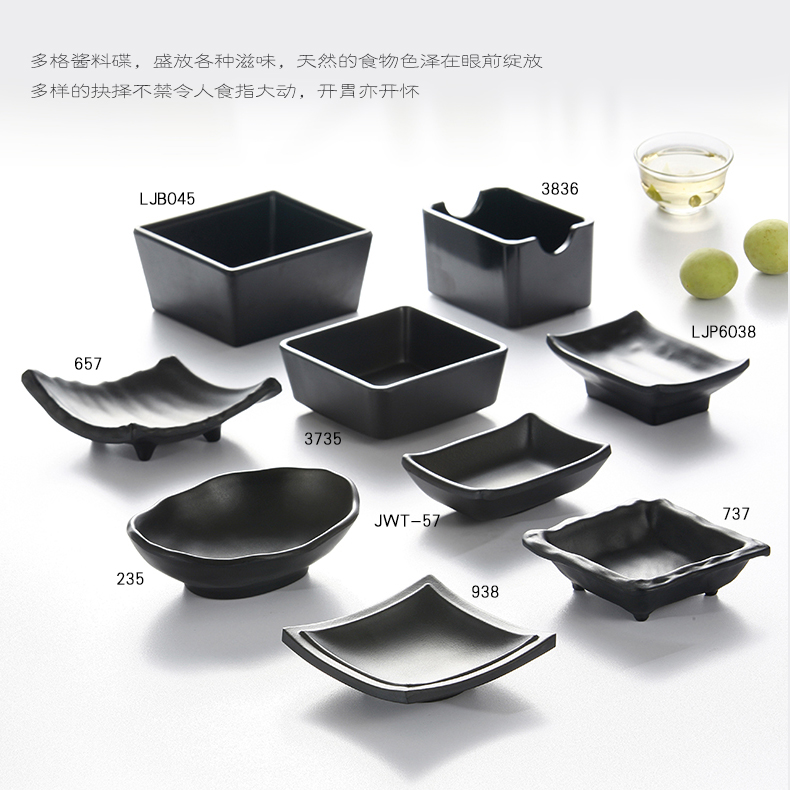 Hoogwaardige melamine zwarte matte plastic dipsaus schotel van mosterd olie azijn schotel servies in Japan en Zuid korea