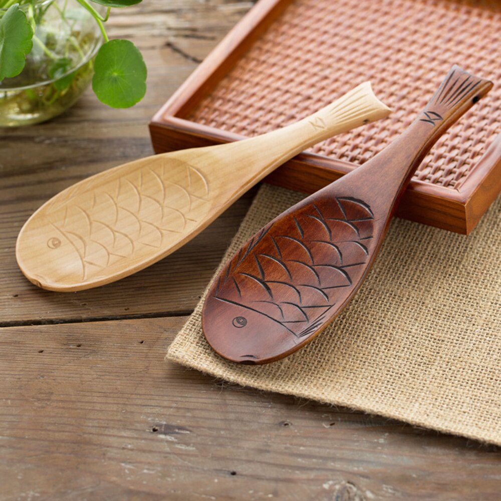 Pala de madera creativa forma de pescado cuchara de arroz utensilios de cocina para sopa de arroz antiadherente cuchara de cocina estilo japonés