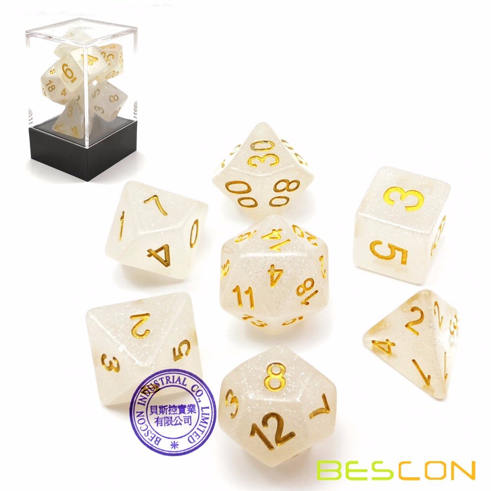 Bescon Intensive Glitter DND Dice 7pcs Set VEIL MIST, Glitter Polyhedral Die set d4 d6 d8 d10 d12 d20 d%, Brick Box Package