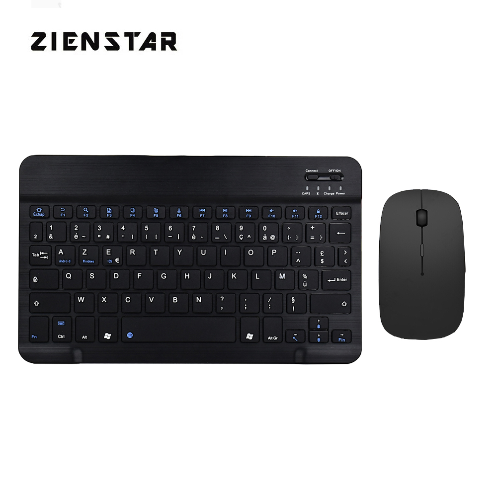 Zienstar 10inch Azerty Rechargeable French Aluminum Wireless Bluetooth Keyboard Mouse Combo for IOS Android Tablet Windows PC