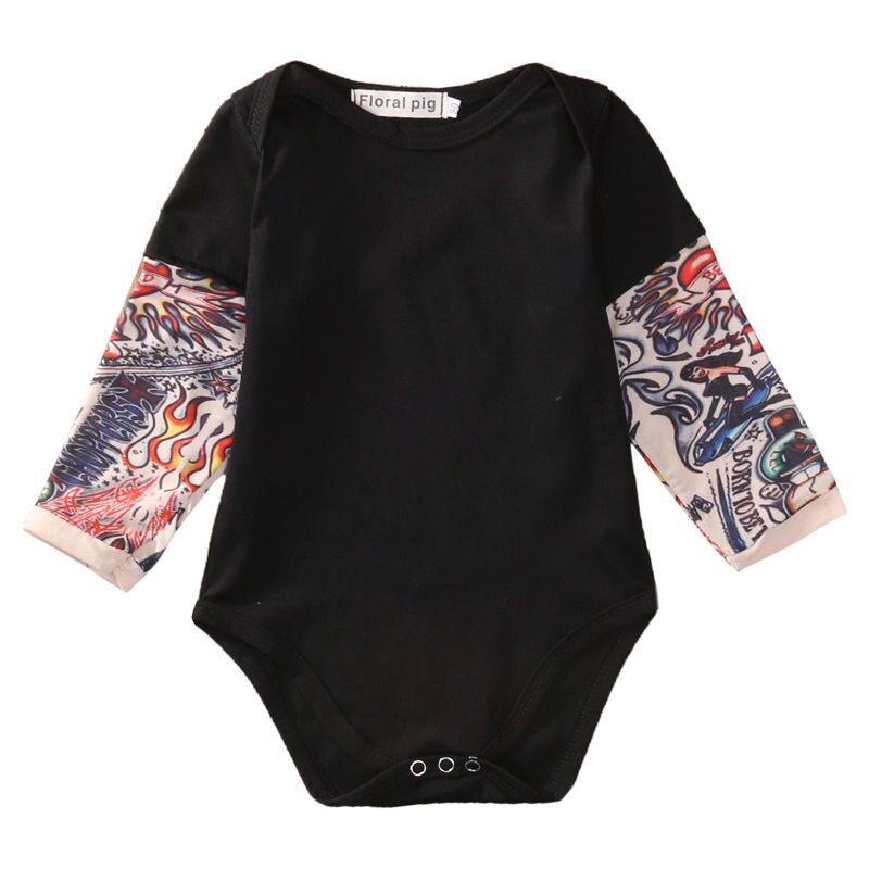 Newborn Toddler Kids Baby Boy Romper Jumpsuit Little Boys Rompers Long sleeve Tattoo printing Baby girl boys clothing Outfits: 0-3 months / Black
