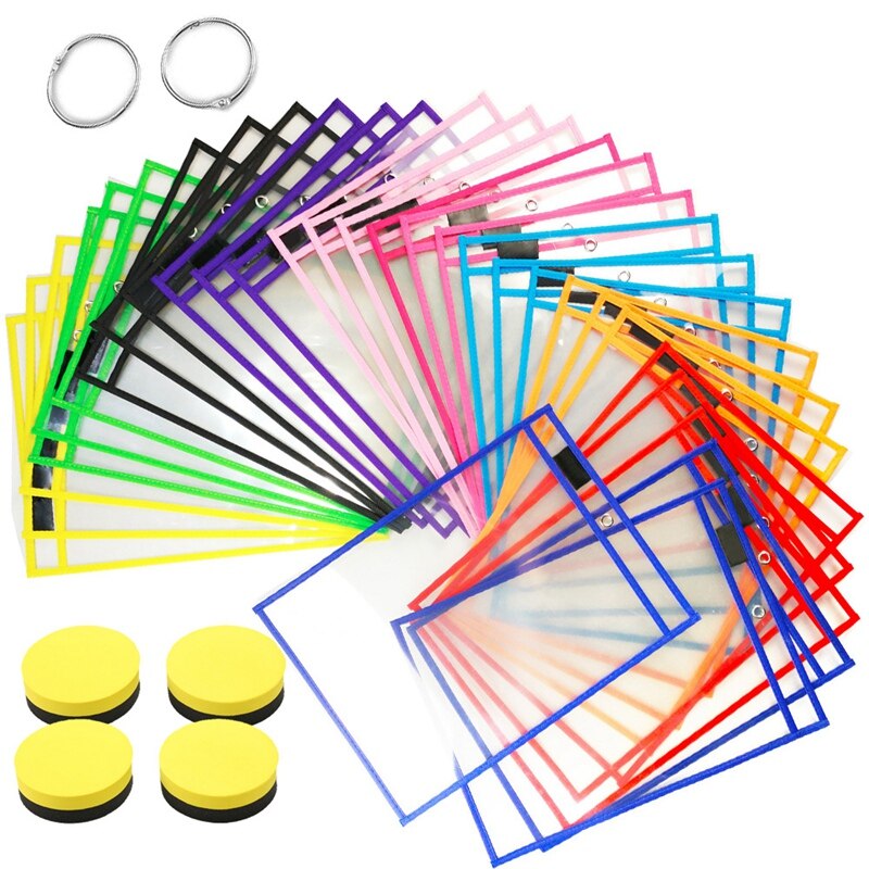 30Pcs Dry Erase Pockets Reusable Sleeves Clear Teacher Supplies for Classroom, School & Homeschool Organization