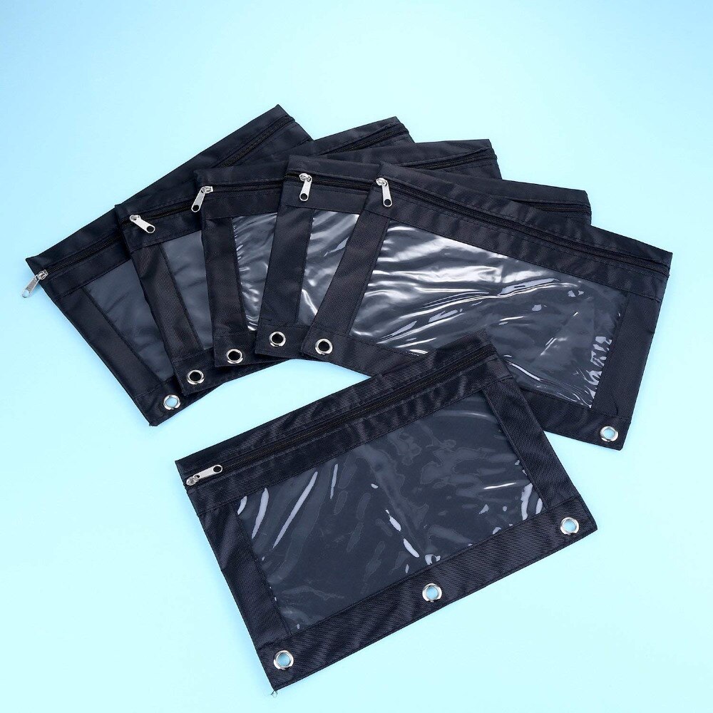 XRHYY 6 Pieces Ring Binder Pouch Pencil Bag with Holes 3-Ring Zipper Pouches with Clear Window (Black)