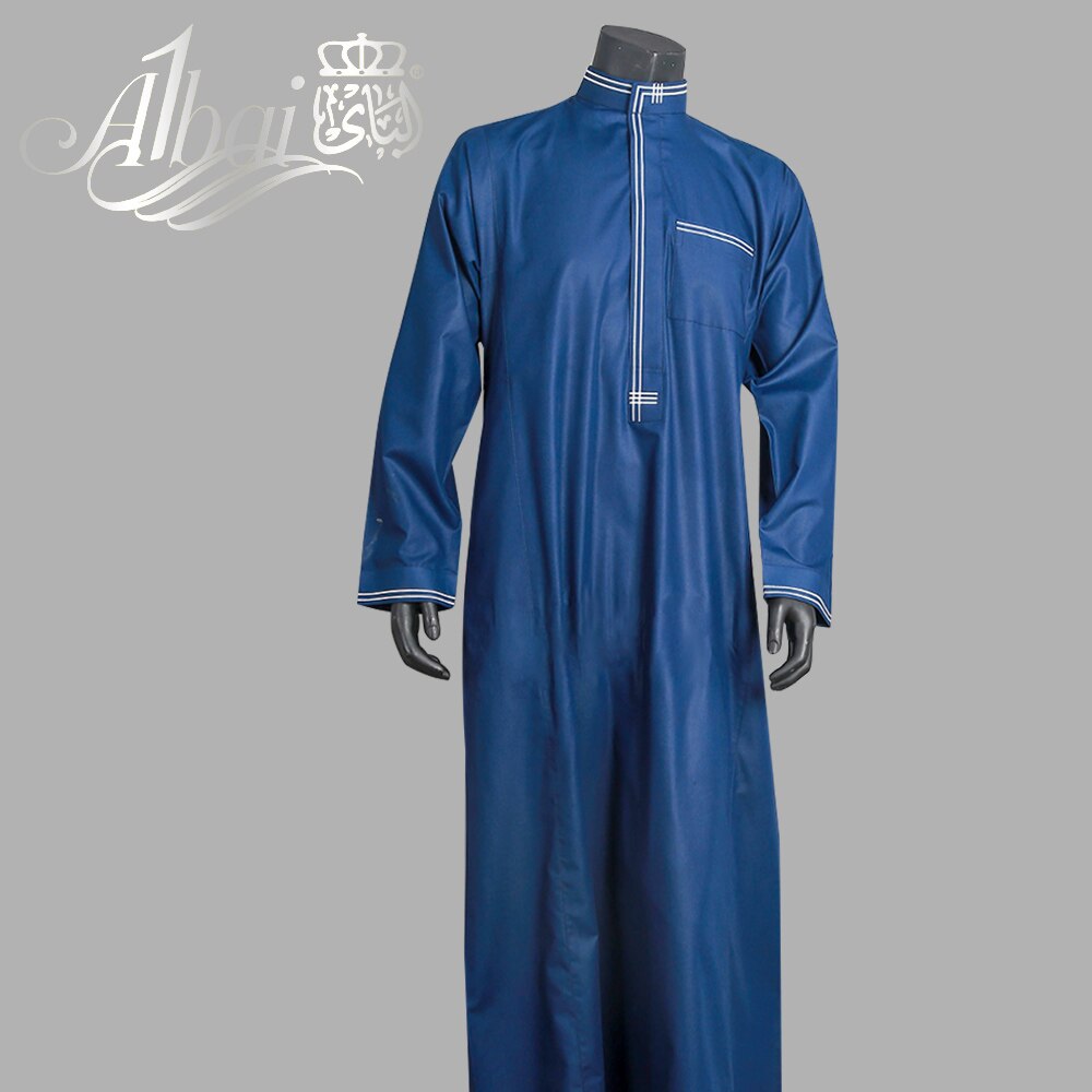 Mænd islamisk arabisk muslim kaftan stå krave korte ærmer lommer retro løse kapper mellemøstlige solid mænd jubba: Blå / L