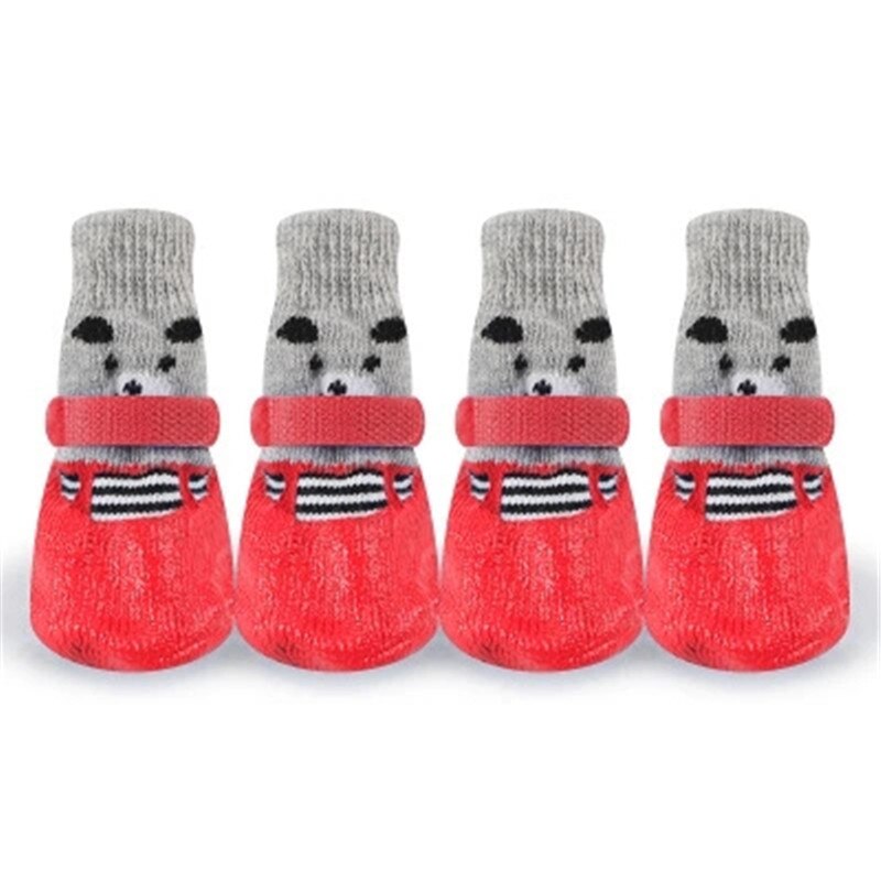 4pcs Dog Socks Winter Warm Anti-Slip Waterproof Pet Socks Small Cat Knit Cover Foot Paw Protector Booties Shoes Accessories: red / L