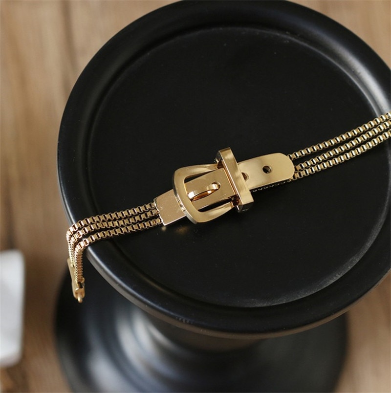 AOMU Rhinestone Belt Buckle Bracelet Multilayer Metal Chain Strap Adjustable Charm for Women Vintage Bangle