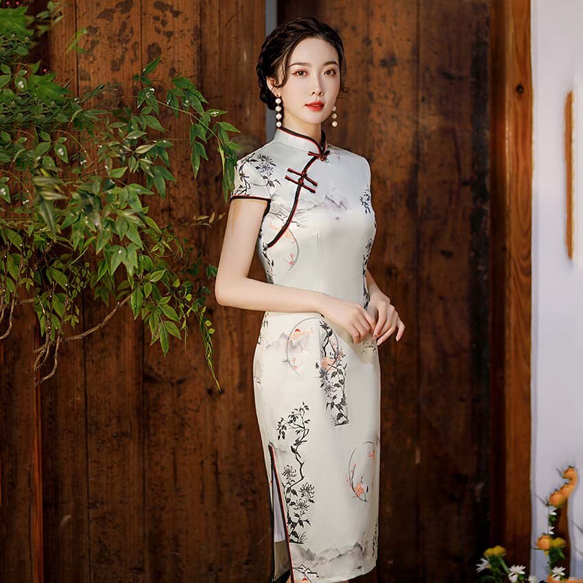 2022 Traditionele Chinese Kleding Voor Vrouwen Sexy Elegante Verbeterde Qipao Bloemenprint Jurk Banket Side Slit Strakke Cheongsam: 3XL