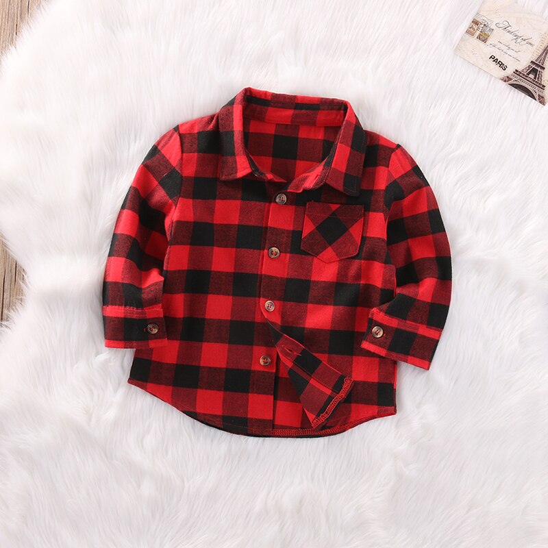 Baby Kids Boys Girls Shirt Long Sleeve Black Red Checks Plaid Tops Blouse Cotton Clothes Outfit Cute Autumn