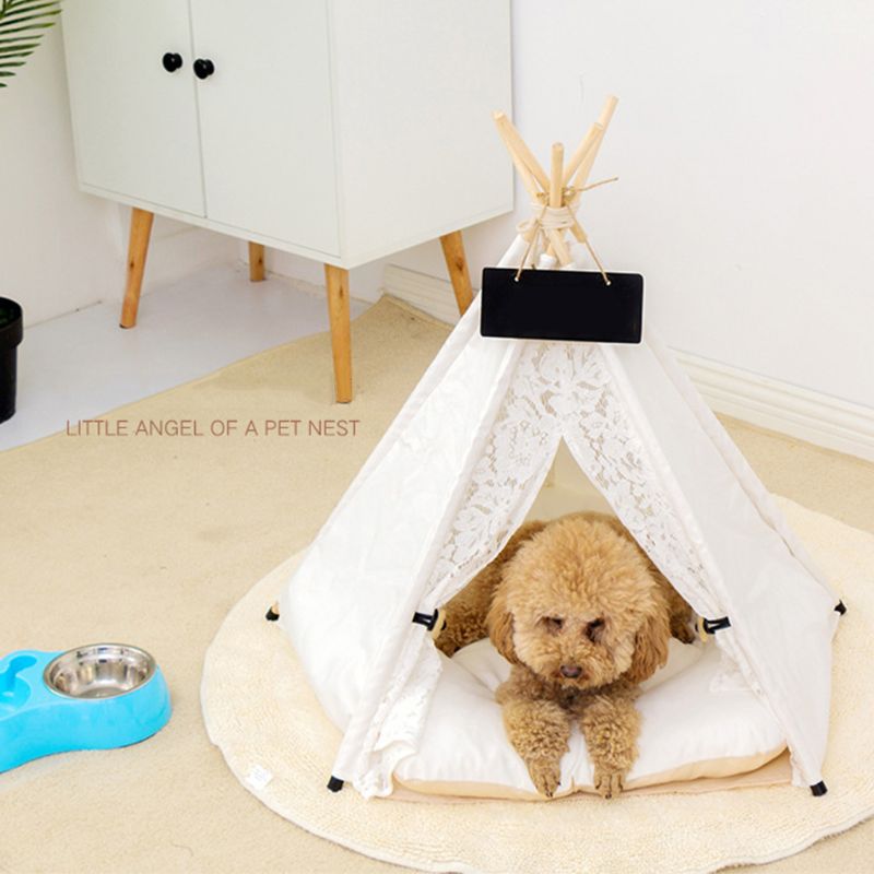 Enkel blonder robust trekant kæledyr teepee seng med pude luksus hundekatte telte kæledyr tipi seng