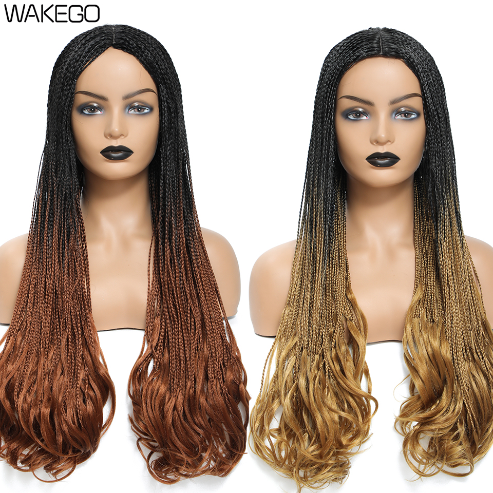 Wakego Wig Straight Box Braided Wigs With Wavy End For Women Daily Use perruque tresse africaine natte collée perruque pas cher