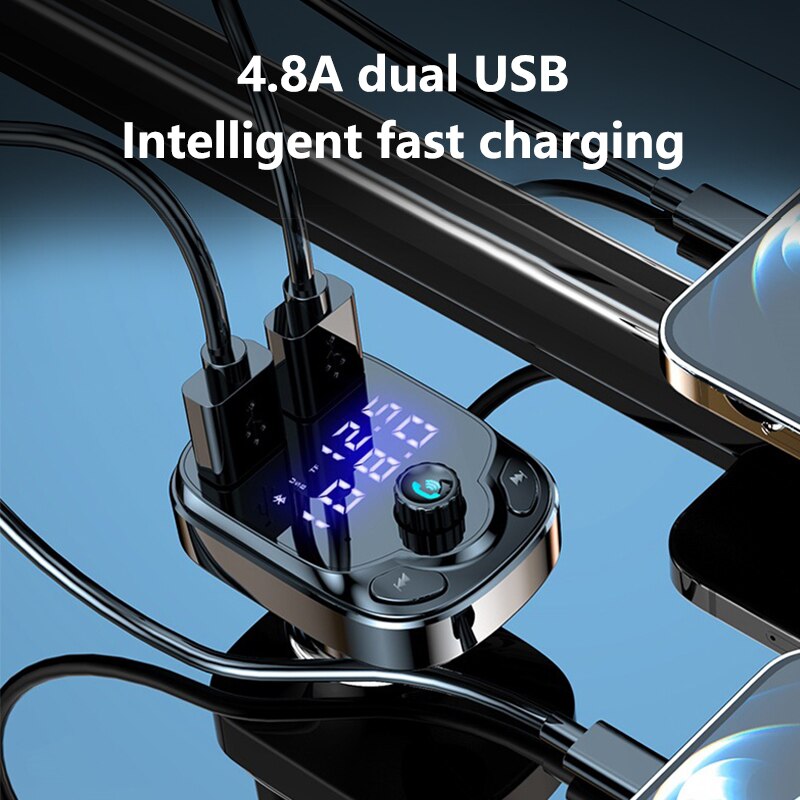 Bluetooth 5.0 Wireless FM Sender 4,8 A Dual USB Autoradio Modulator MP3 Player Freisprecheinrichtung Schnellladeadapter für Auto