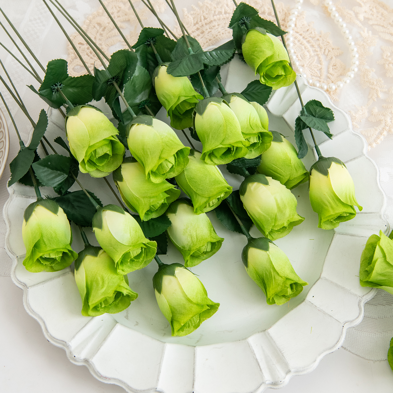 Florero de ramo de rosas rojas para decoración del hogar, coronas decorativas para jardín y boda, arreglo floral hecho a mano, flores artificiales, 10 Uds.: Verde