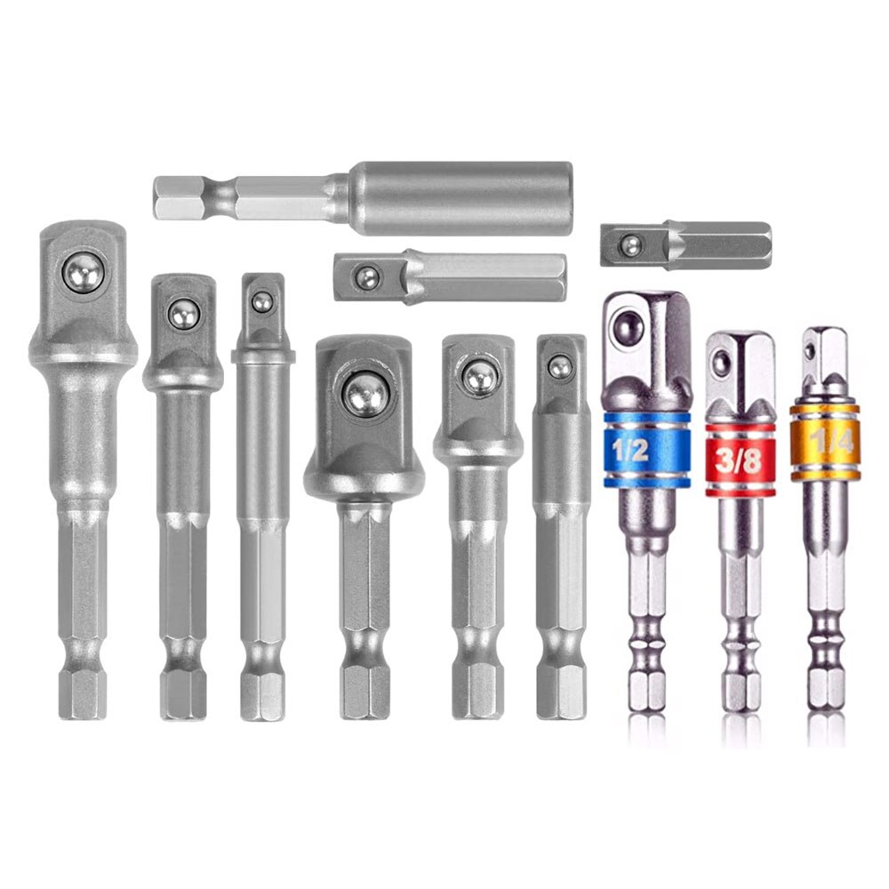 Binoax 11 Pcs Socket Adapter Impact Set Hex Shank Square Nut Driver Power Drill Bit Extension Socket Adapter Set for Cordless: Silver