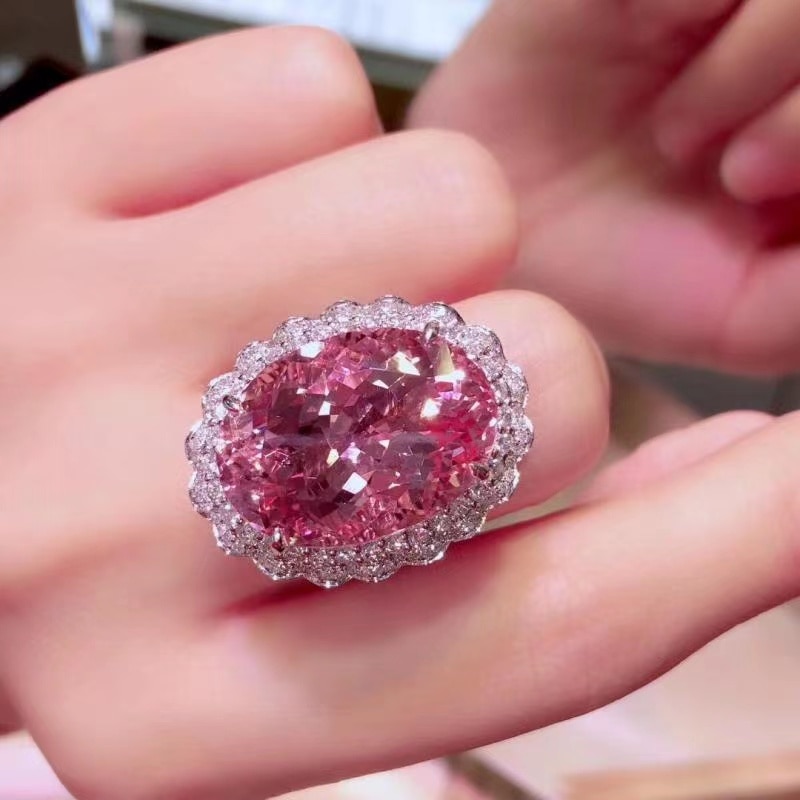 Anillos abiertos ovalados de lujo para mujer, incrustaciones de circonia cúbica rosa, Europa América, de boda, joyería de , delicada