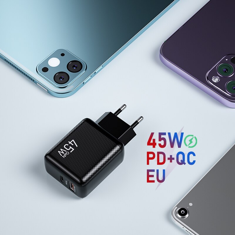 Ładowarka sieciowa 45W GaN ładowarka USB szybka ładowarka do telefonu iPhone Samsung iPad Laptop PD USB C szybka ładowarka 3.0 typ C Adapter: Black EU 45W GaN