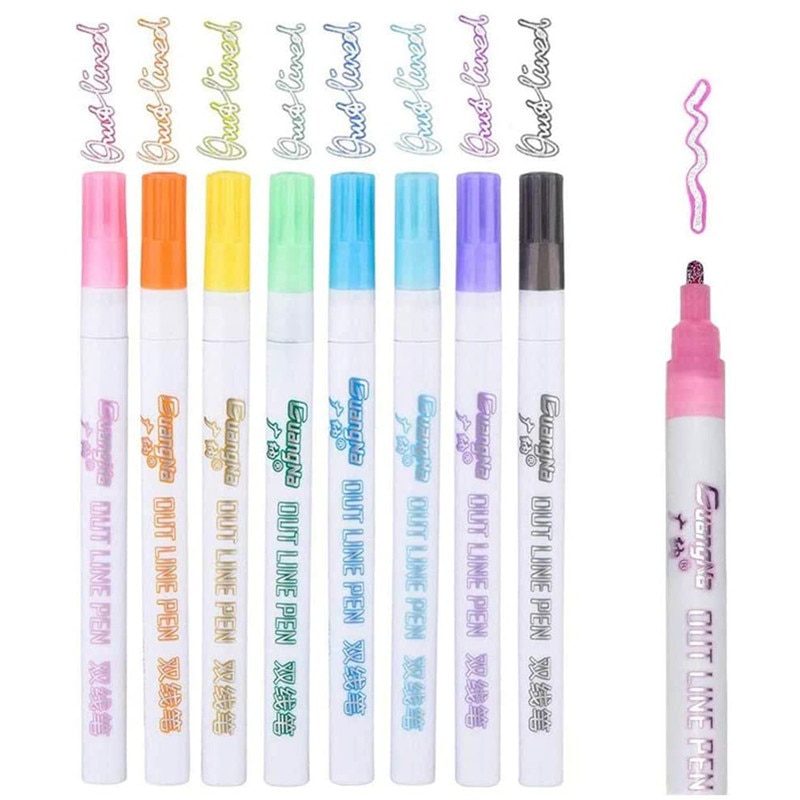LLD 12Colors Metallic Double Lines Highlighter Out Line Pen Stationery Art Drawing Art Marker Calligraphy Lettering Scrapbooking