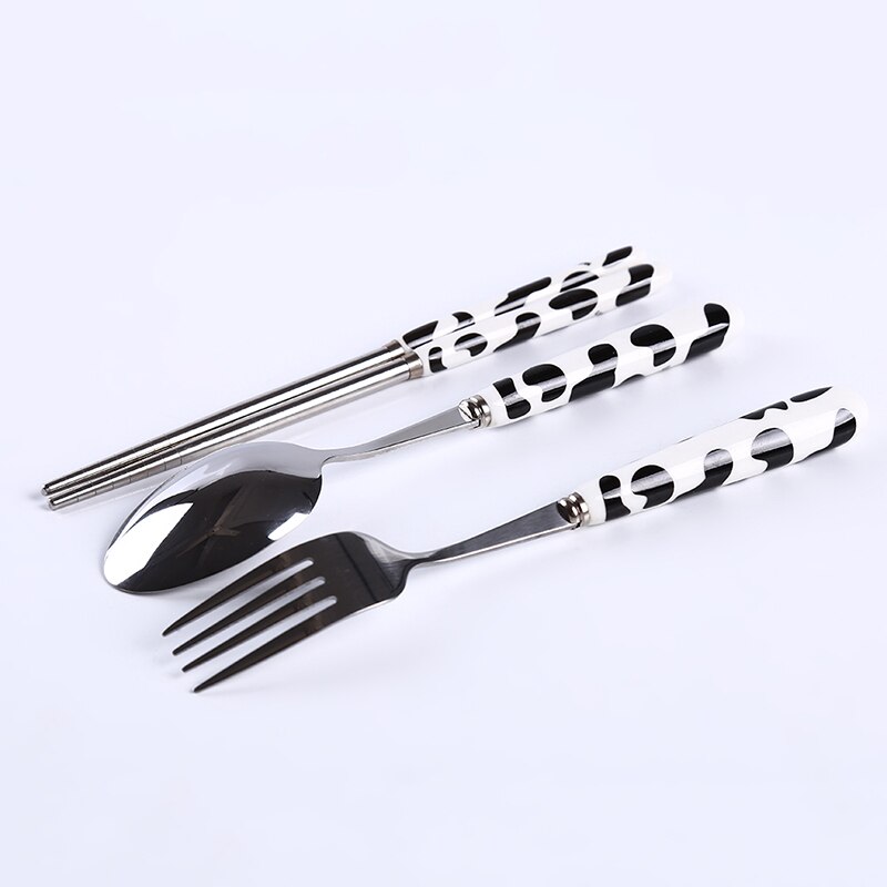 3PCS/Set Cute Fork Spoon Cutlery Set Cartoon Handle Stainless Steel Children Tableware Student Girl Boy Picnic Lunch Tableware: 3pc black