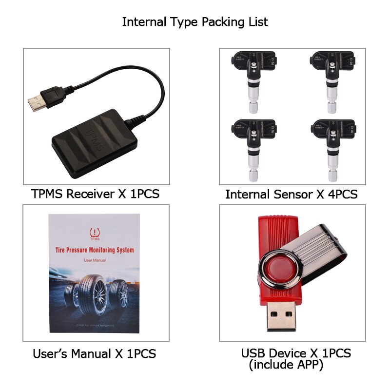 4 Interne/Externe Sensoren Usb Android Tpms Auto Bandenspanningscontrolesysteem Display Navigatie Bandenspanning Alarm 0-116Psi: internal sensor