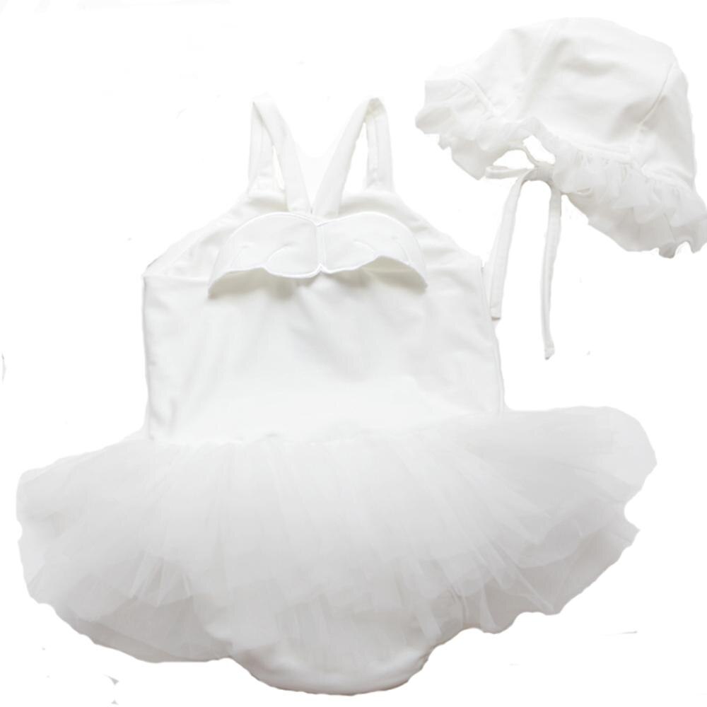 Baby pige badetøj og hat 2 stykker sæt ét stykke badedragt prinsesse nederdel sød angel wing badedragt: Hvid / 24m